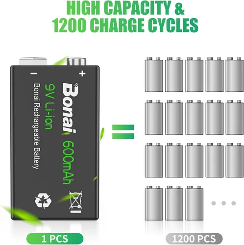 Vista 2 de BONAI Baterías recargables de 9 V de 600 mAh de alta capacidad, (paquete de 4) baterías de litio de 9 voltios para detectores de humo, detector