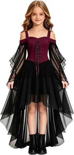 Vista 10 de Vestido de bruja gótica steampunk para niñas, disfraz de vampiro, cosplay Rojo