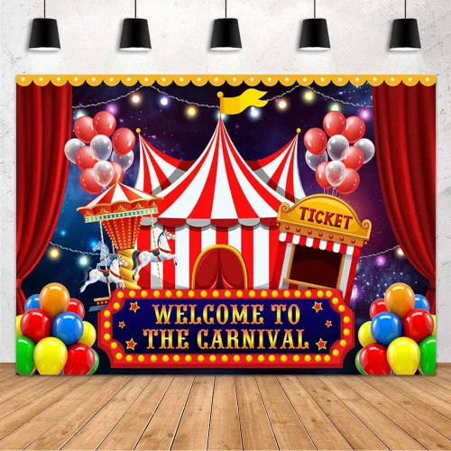 Vista 7 de MEHOFOND Telón de fondo de carnaval de circo para fotografía, temática de carnaval, decoraciones de cumpleaños, pancarta de bienvenida al carnaval