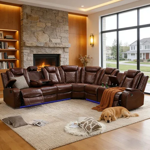 Vista 13 de Juego de sofá seccional reclinable eléctrico, juegos de muebles de sala de estar, sofá seccional de cuero transpirable y sofá biplaza con 4