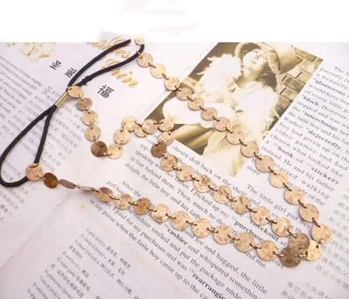Vista 7 de Chargances Diadema de cadena de disco dorada para mujer, accesorios para el cabello, vestido bohemio para la cabeza, tocado para la frente