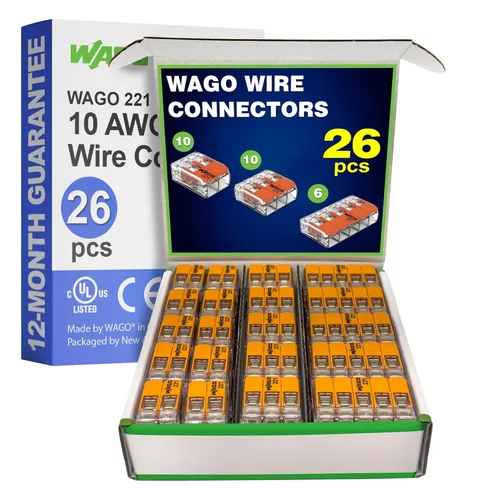 WAGO - Conectores de cable de empalme compactos de la serie 221, 26 unidades, 10 AWG, incluye (10 x 221-612), (10 x 221-613), (6 x 221-615),