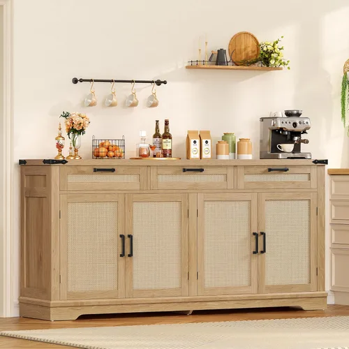 Vista 13 de usikey Gabinete Buffet, Aparador Buffet Grande de 63" con Almacenamiento y 3 Cajones, Barra de Café Estilo Granja con 4 Puertas, Mesa Buffet
