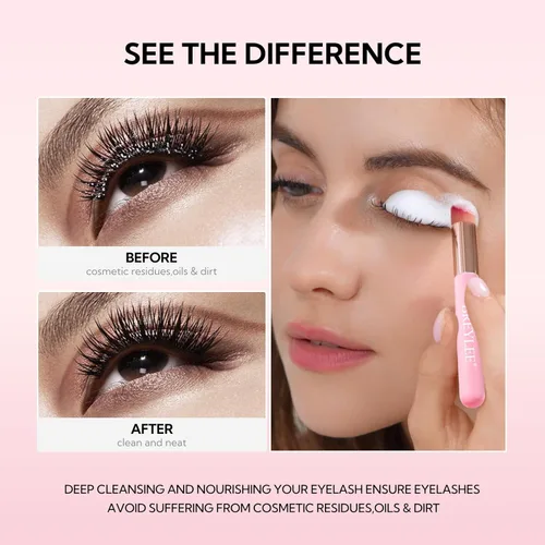 Vista 9 de BREYLEE Champú para pestañas de 100 ml para extensiones de pestañas, secador de pestañas en abanico + botella de enjuague + cepillos + puff