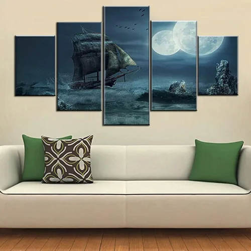 Vista 25 de Cuadros de pared para sala de estar, cuadros de naves de batalla de vikingos, varios paneles, lienzo, arte de pared, puesta de sol, barco pirata
