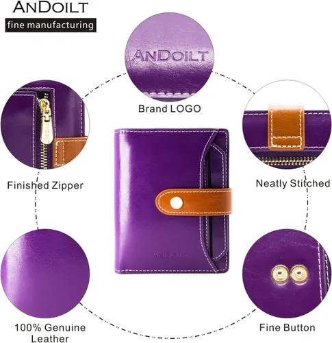 Vista 5 de ANDOILT Billeteras para mujer, de piel auténtica, pequeña, plegable, con bloqueo RFID, con bolsillo para monedas, ventana de identificación, Cartera