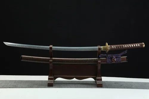 Vista 5 de Espada samurái japonesa Katana hecha a mano con acero templado de arcilla de alto carbono 1095 y Kylin Tsuba y madera hecha a mano Saya