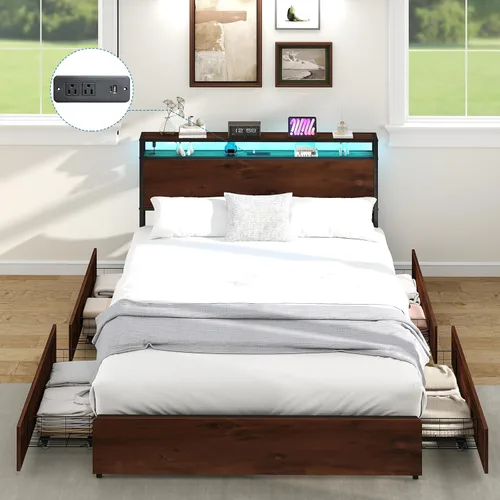 Vista 10 de Kiivakii Estructura de cama tamaño completo con cabecero, cama plataforma LED con 4 cajones de almacenamiento, estación de carga integrada, sin