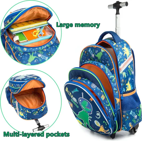 Vista 5 de Egchescebo Mochila con ruedas para niños, 3 unidades, con ruedas, carrito con ruedas, Azul-konglong, Mochilas de viaje