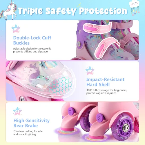 Vista 5 de Patines para niños pequeños (unicornio arcoíris, XS) + juego de equipo de protección con aspecto de cuero iridiscente con bolsa con cordón (S)