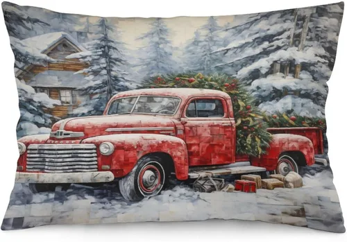 Vista 25 de Protector de almohada de árboles de pino de Navidad rojo y verde de 12 x 20 pulgadas, funda de cojín de vacaciones de invierno, funda de almohada