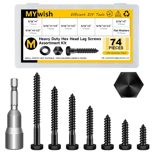 Vista 14 de (8 juegos) Tirafondos de cabeza hexagonal de 3/8" x 4", tirafondos de servicio pesado con arandelas, pernos de acero inoxidable 304 18-8, tirafondos