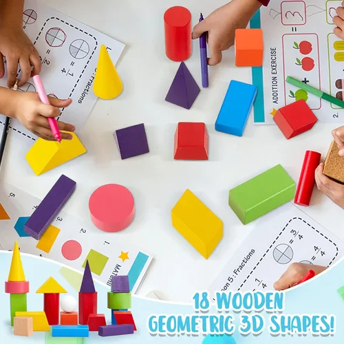 Vista 5 de Deekin 18 piezas de formas 3D grandes para enseñar manipulativos de matemáticas, bloques de sólidos geométricos, bloques de aprendizaje Montessori