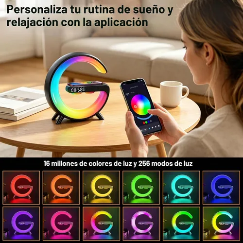Vista 3 de 4 In 1 Smart LED Table Lamp, Alarm Clock, Bluetooth Speaker, Wireless Charger, App Control Night Light Bedside Lamp with Fast Charging Station for