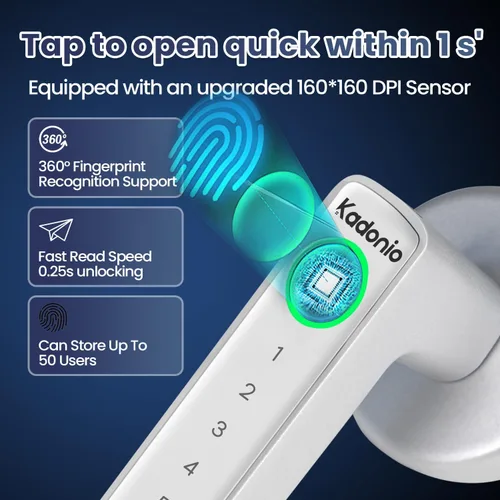 Vista 2 de Cerradura de puerta de huellas dactilares, perilla de puerta inteligente biométrica, cerradura de puerta inteligente de entrada sin llave con asa