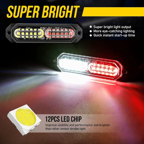 Vista 5 de Luces estroboscópicas LED para camiones, color blanco y rojo, 23 modos intermitentes, 12 LED, luz de parrilla de montaje en superficie de emergencia