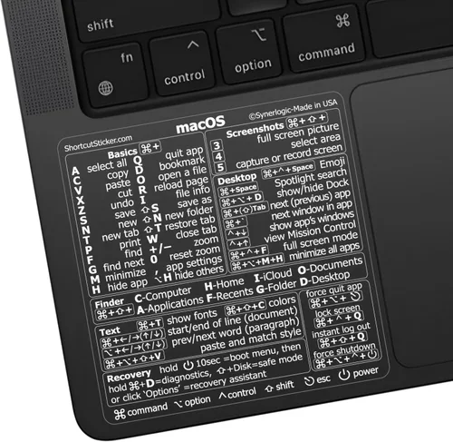 Vista 12 de Synerlogic (5 unidades) Pegatina de atajos de Mac OS, calcomanías de teclado para macOS, hoja de trucos de vinilo laminado para MacBook para laptop