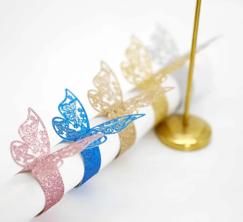 Vista 6 de Servilleteros de papel esmerilado con forma de mariposa, 100 unidades, para bodas, fiestas, servilletas, decoración de mesa, restaurante (dorado)