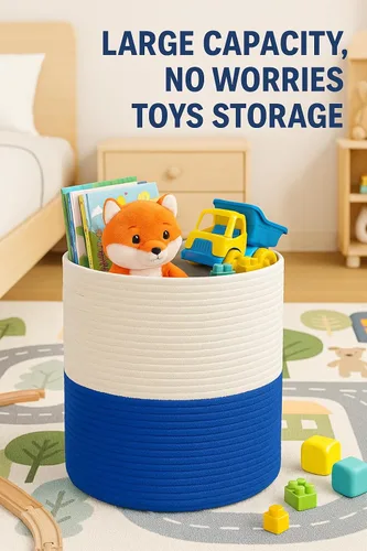 Vista 4 de Cesta de almacenamiento de cuerda de algodón con tapa, organizador tejido duradero con asas, cestas tejidas, cesta de almacenamiento multiusos