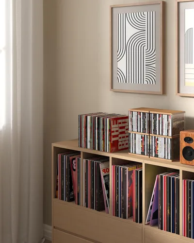 Vista 3 de Organizador de Escritorio en Estilo Retro de Nogal con Soporte para CD de MDF, Lindo Soporte que Sostiene 30 Estuches de CD, Soporte para CD