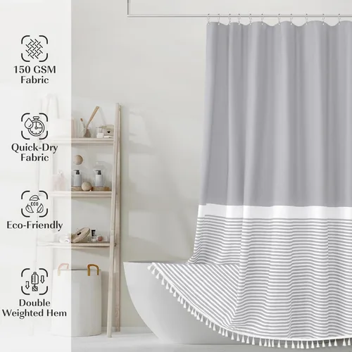 Vista 2 de Cortina de ducha gris Seasonwood Moderna de tela con borlas blancas, cortinas de ducha estilo casa de campo a rayas, impermeable, 72x72 pulgadas