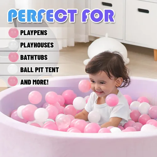 Vista 2 de 500 bolas de plástico suave para jugar en interiores y exteriores, seguras, a prueba de aplastamiento, ligeras y duraderas, color rosa