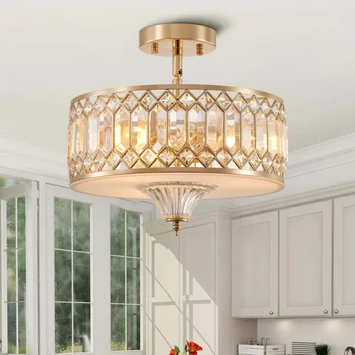 Gold Crystal Ceiling Light Fixture for Hallway Foyer Bedroom Kitchen Island, 13" Modern Drum Round Close to Ceiling Light Fixture, 3-Light, Brushed