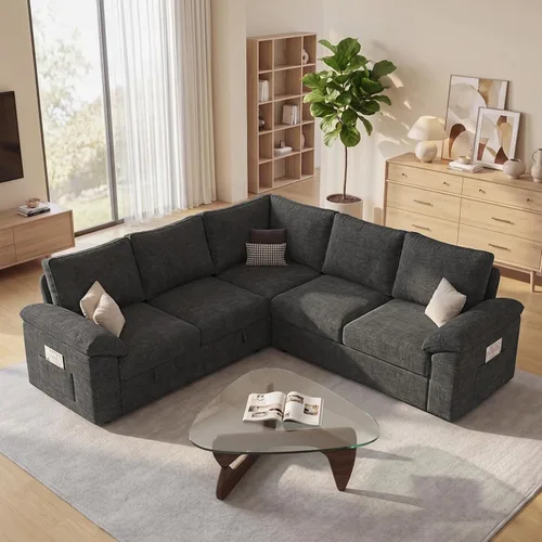 Vista 2 de Sofá modular de 85 pulgadas con cama extraíble, sofá modular de 5 asientos en forma de L con almacenamiento, sofás seccionales para sala de estar