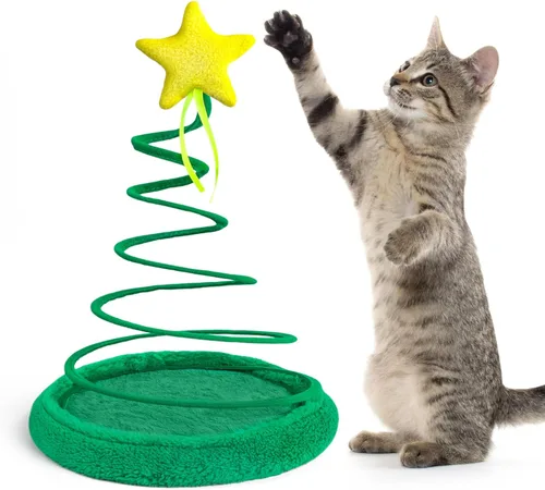 PAWISE Juguetes para Gatos de Árbol de Navidad para Provocar, Juguete Interactivo para Gatos, Juguete de Peluche para Gatitos con Placa de Resorte