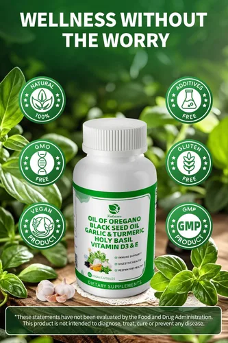 Vista 8 de Cápsulas de aceite orgánico de orégano con aceite de semilla negra, ajo, cúrcuma, albahaca santa, vitamina D3, E y pimienta negra para una mejor
