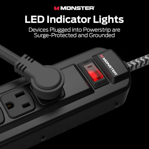 Vista 8 de Monster Regleta de Protección contra Sobretensiones Power Strip Pro MI con Clasificación de 1350 Julios — Regletas de 7 Salidas con Protección