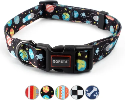 Vista 26 de QQPETS Collar suave ajustable para perro: Estampado de flores rosadas, multicolor, lindos patrones para especies pequeñas, talla XS, especies