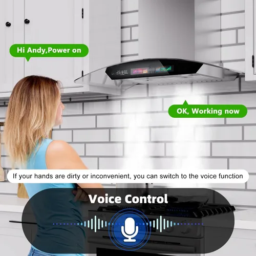 Vista 2 de Campana extractora de 30 pulgadas de montaje en pared, vidrio templado de 900 CFM, control por voz/gestos/tacto, campana extractora de cocina