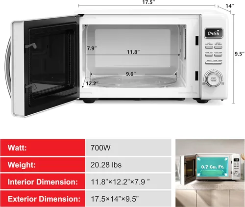Vista 3 de Galanz GLCMKZ07WER07 con cocción y recalentamiento automático, descongelación, funciones de inicio rápido, fácil de limpiar con plato giratorio