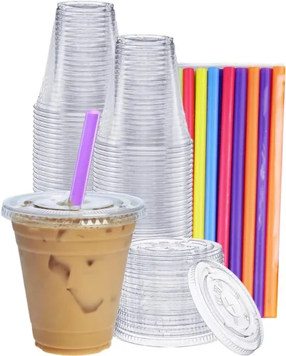 GUSTO [12 onzas – 100 tazas transparentes con tapas planas y pajitas – Vasos desechables transparentes para café helado, bebidas frías, batidos y