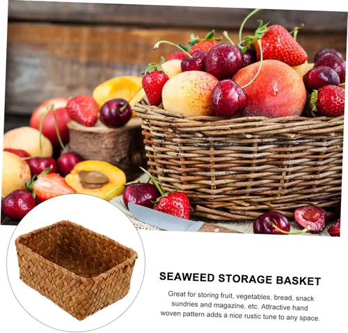 Vista 8 de Caja de almacenamiento tejida de ratán de hierba marina, cestas de mimbre con asa, cesta de almacenamiento vintage, bandejas de frutas