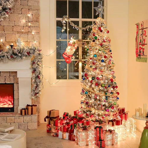 Vista 9 de Hykolity Árbol de Navidad flocado delgado preiluminado de 7.5 pies con 240 Doble color flocado