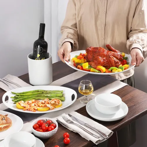 Vista 5 de Buyajuju Plato de porcelana con asas, platos para servir de 14 pulgadas para entretener, bandeja ovalada para ensalada, guiso, frutas y pasta, juego