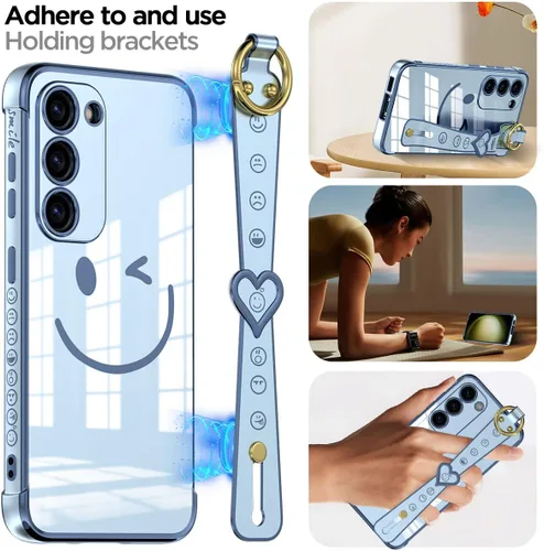 Vista 14 de AICase Funda para Samsung Galaxy S23 con protección completa de lente de cámara + correa, cara sonriente chapada con purpurina brillante