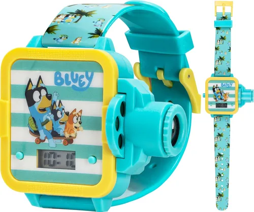 Accutime Bluey - Reloj de proyector digital para niños con 6 diapositivas de imagen, correa de personaje ajustable, pantalla LCD digital, botón de