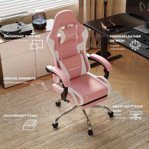 Vista 4 de Silla de juegos rosa con reposapiés y soporte lumbar de masaje, silla ergonómica reclinable para computadora de 330 libras con altura ajustable