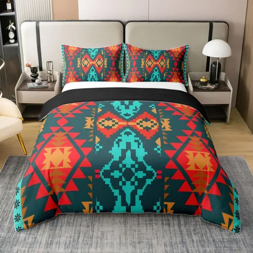 Vista 18 de Juego de ropa de cama azteca 100% algodón, funda de edredón étnica tribal con flecha, funda de edredón vintage del suroeste nativo bohemio, juego