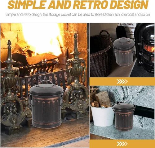 Vista 7 de Cubo de ceniza de metal con tapa para chimeneas, estufas de leña, 7.48 x 5.12 x 13 pulgadas
