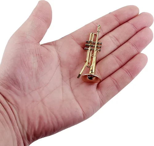 Vista 2 de Trompeta en miniatura con soporte y estuche, mini instrumento musical de latón, réplica de trompeta, figuras coleccionables, accesorios de casa