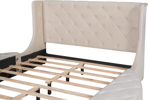 Vista 6 de Elegante cama de plataforma tapizada de terciopelo con 1 cajón grande y 2 taburetes de almacenamiento laterales, base de colchón de plataforma