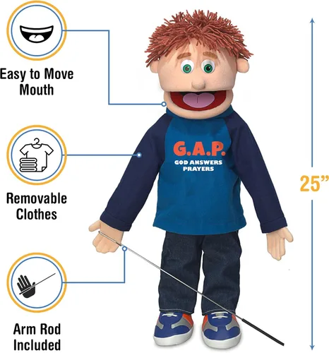 Vista 2 de Dios responde oraciones de 25 pulgadas, chico melocotón, cuerpo completo, marioneta de ministerio cristiano