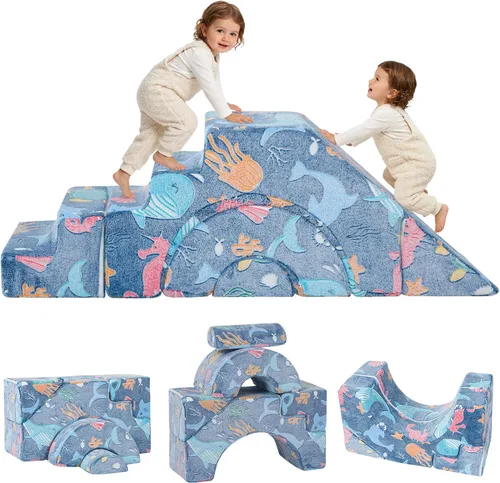 Vista 18 de MeMoreCool - Sofá modular para niños, sofá de espuma con diseño de tobogán y escalera, sofá convertible para niños para sala de juegos, mueble