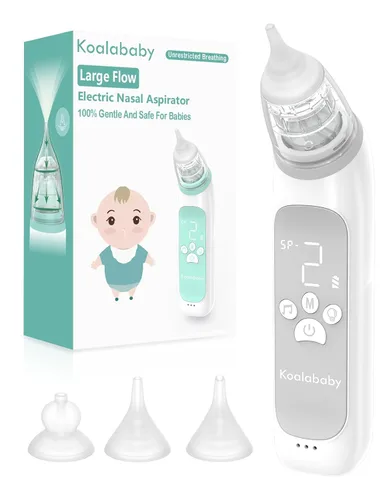 Koalababy Aspirador nasal para bebé, succión eléctrica de gran flujo con 3 niveles de succión, limpiador de nariz recargable para niños, puntas de
