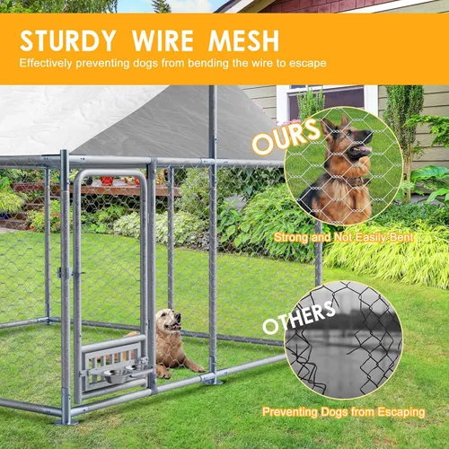 Vista 7 de Perrera para perros al aire libre de 7.5 x 7.5 x 5.3 pies con techo, recinto para perros con alimentador giratorio, corralito grande y resistente