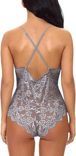Vista 3 de Body Buitifo de encaje para mujer lencería con cuello en V espalda al aire mini picardías baby doll de una pieza